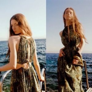 🌿Zara Green Pattern Midi Dress w/ Cut Outs
